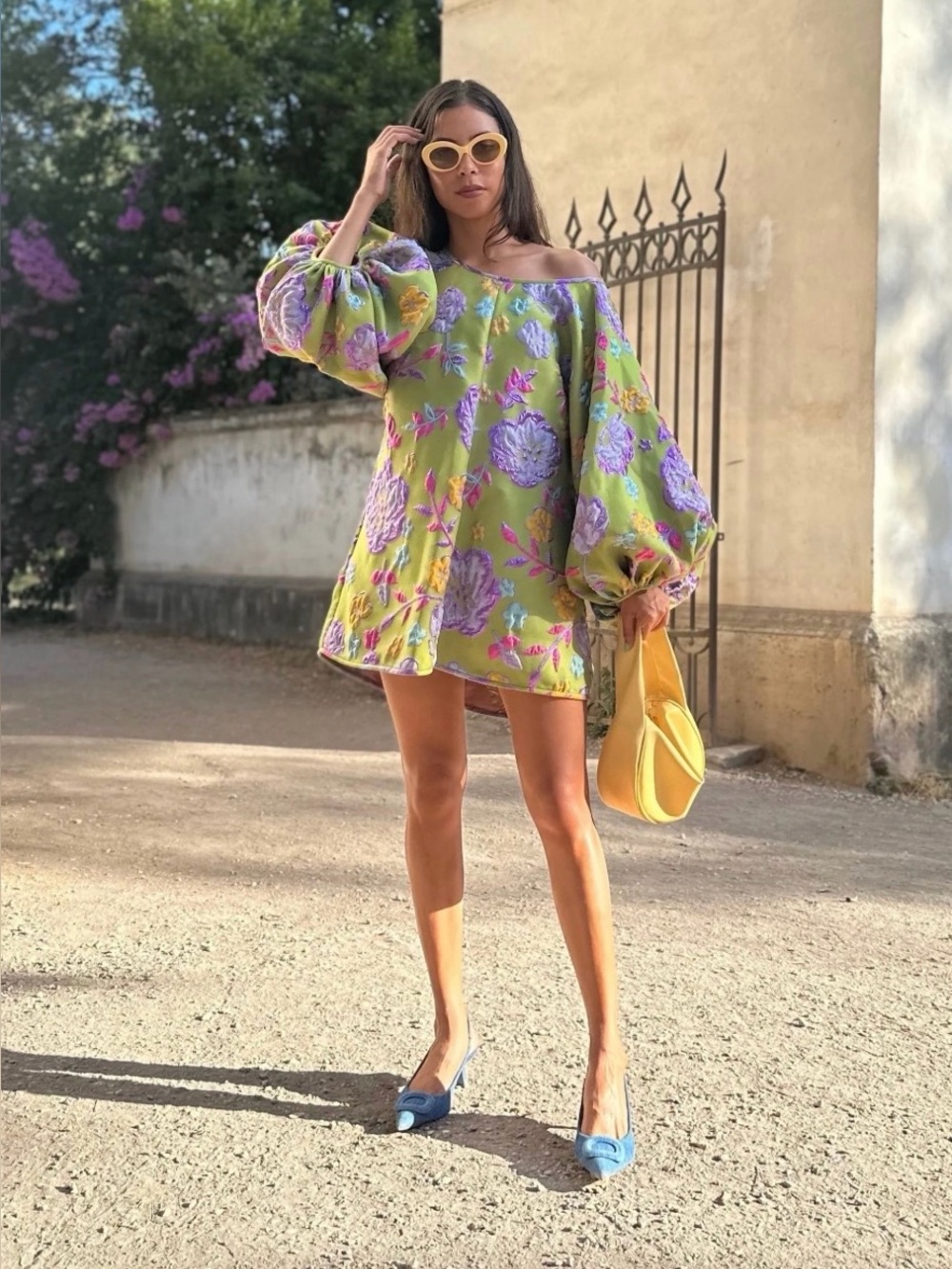 Arianne Lime Green Mini Dress with Purple Floral Jacquard